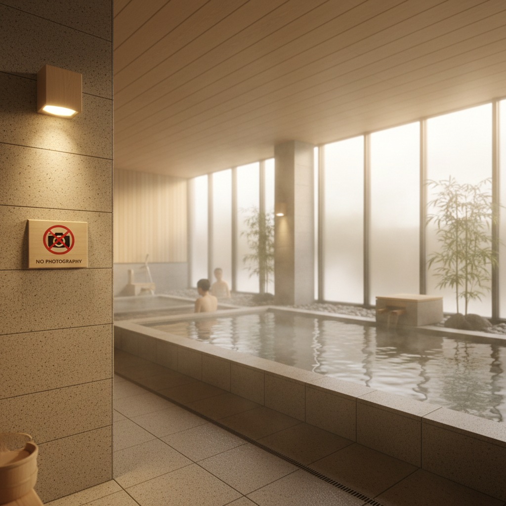 Quiet onsen soaking scene emphasizing calm behavior and no phones