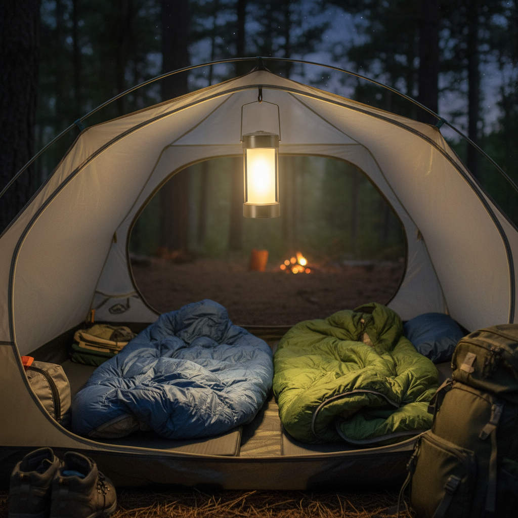 Battery-powered camping travel lantern lighting a tent interior at night