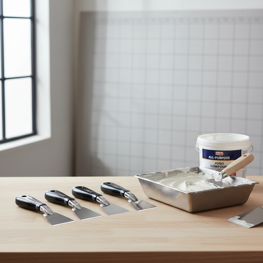 Drywall finishing tools including 4 6 8 10 inch taping knives on a workbench