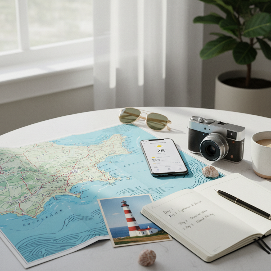 Traveler planning a coastal lighthouse road trip with map, camera, and weather app