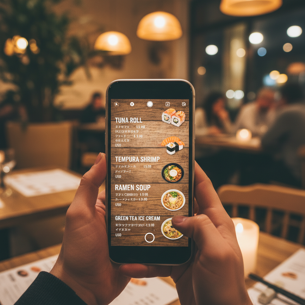 Close-up of phone showing camera translation of a restaurant menu