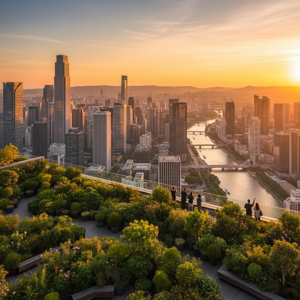 Golden hour city skyline seen from a rooftop garden