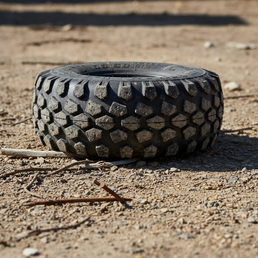 Wheelbarrow tire with nails and thorns on a jobsite