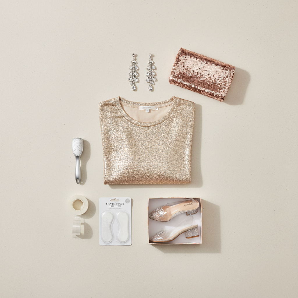 Flat lay of New Year’s Eve glitter outfit essentials: fashion tape, mini lint roller, comfy heels