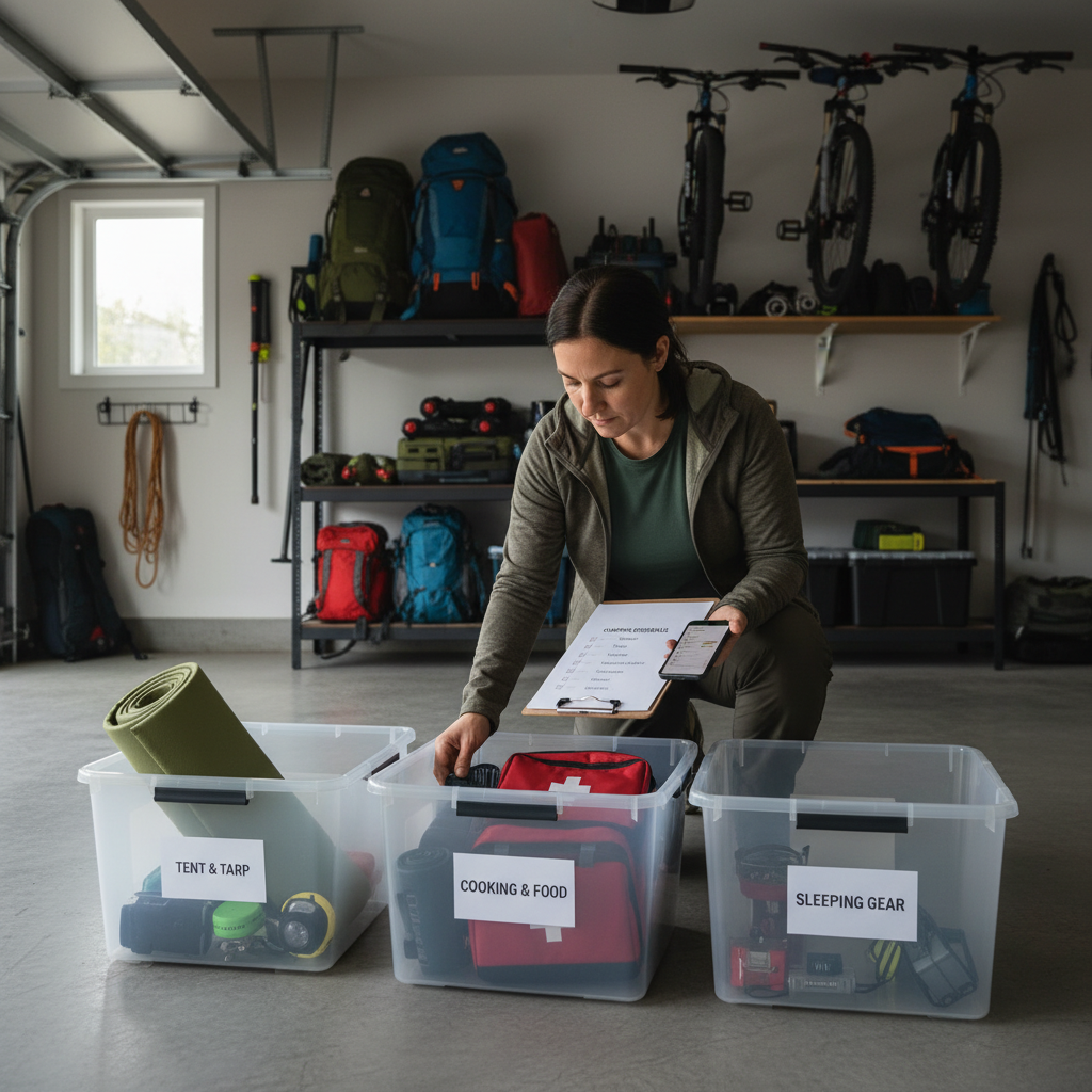 Packing camping gear into labeled bins using a camping gear checklist