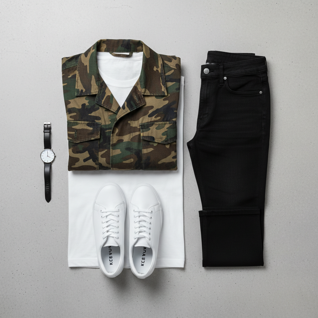 Flat lay outfit formula with camouflage piece, neutral basics, and clean sneakers