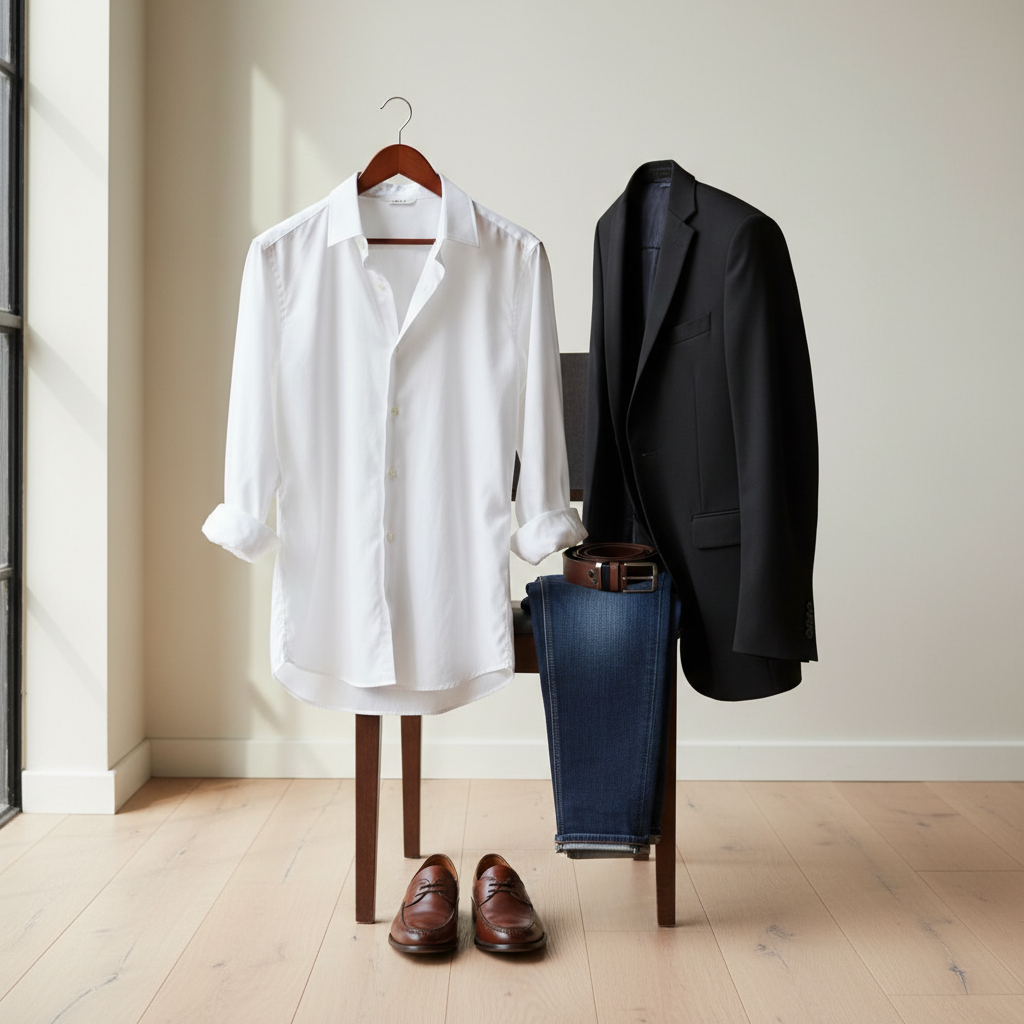 Classic white button-down shirt styled on a hanger with simple wardrobe essentials