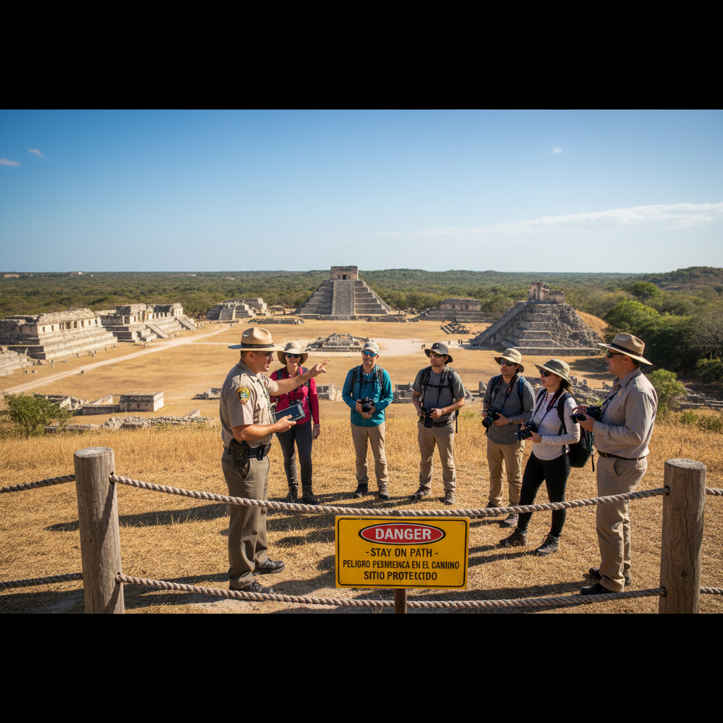 Park ranger explaining rules to visitors at an archaeological site viewpoint