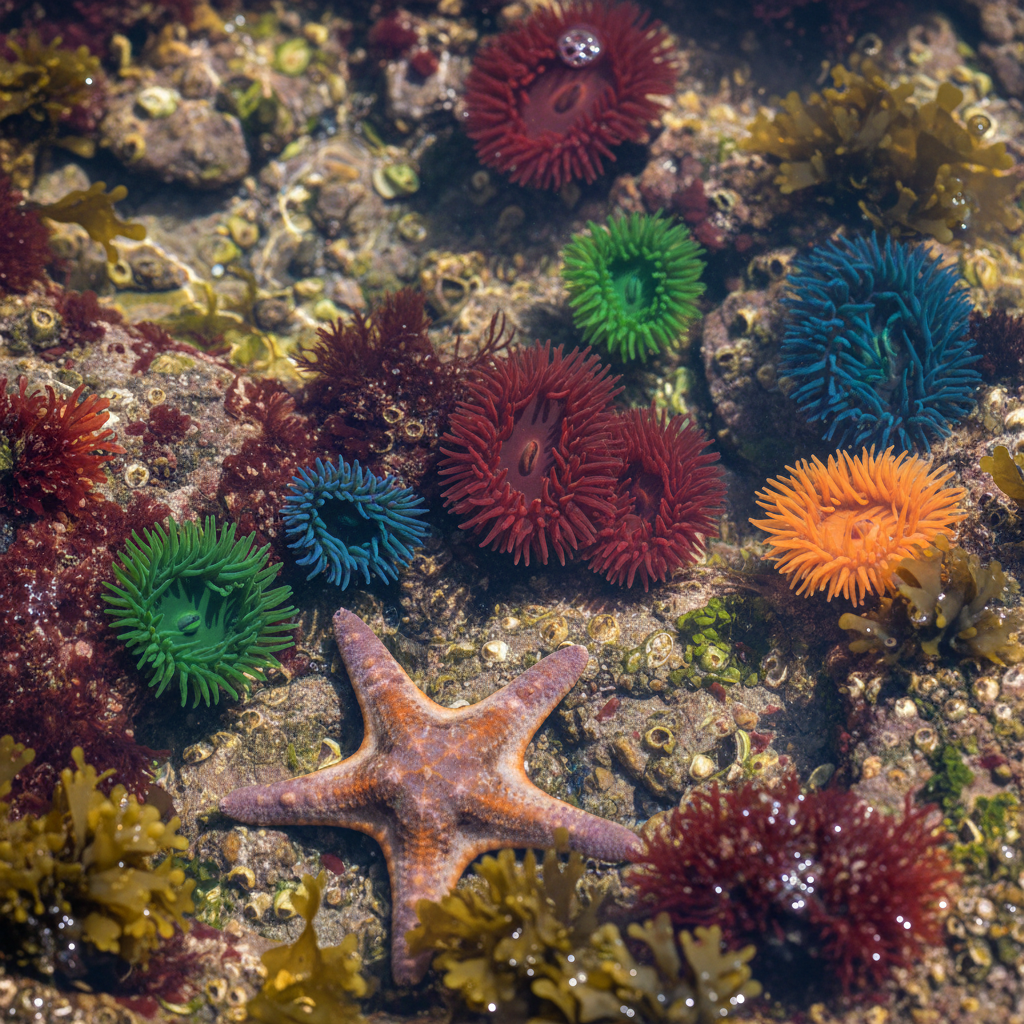 Close-up view of anemones and sea stars in a tide pool
