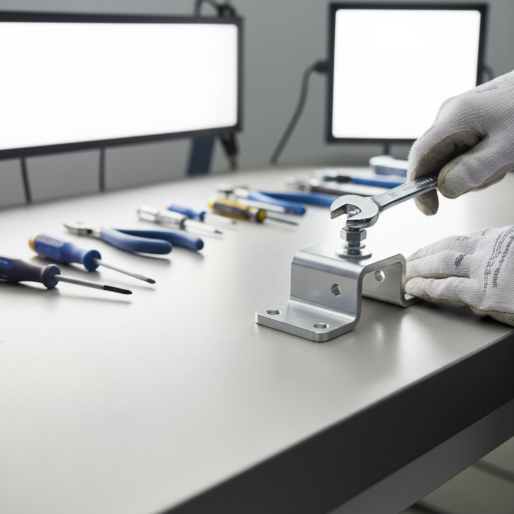 Technician hand-tightening a bolt with flat washer and lock washer on a metal bracket