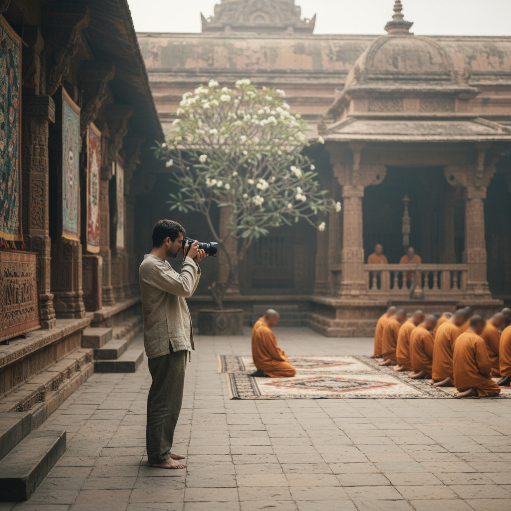 Respectful temple visitor taking a photo from a distance without flash