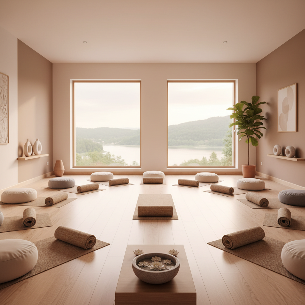 Quiet meditation retreat setting with cushions and natural light