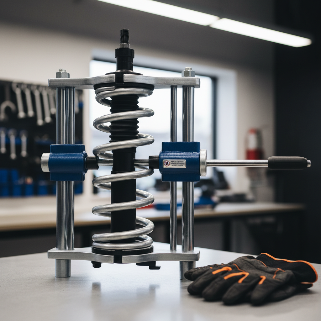 Strut spring compressor tool compressing a MacPherson strut coil spring on a workbench