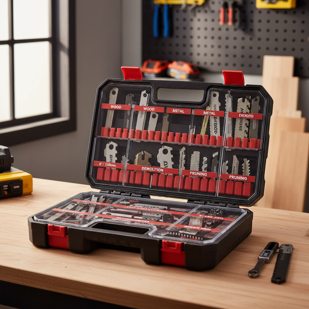 Organized reciprocating saw blade set in a jobsite case with labeled slots