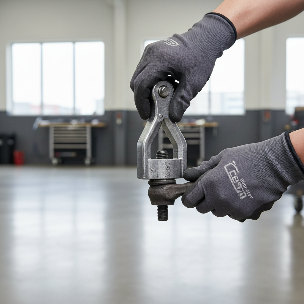 Mechanic positioning a scissor-style tie rod end puller tool squarely on a steering knuckle