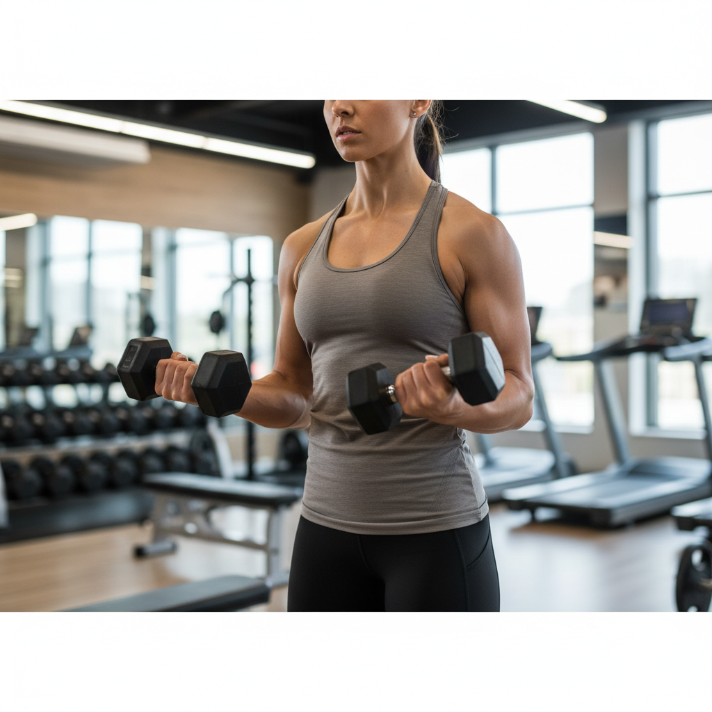 Women wearing racerback tank top during gym workout with free weights