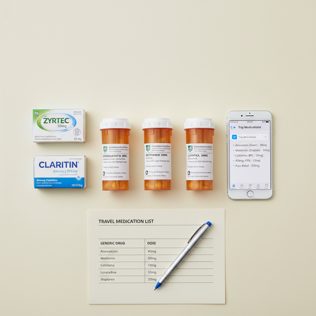 Flat lay of labeled medicine bottles and a travel medication list with generic names
