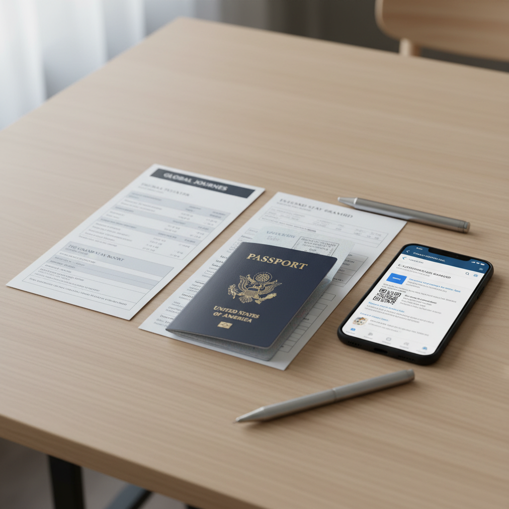 Travel documents organized for a visa-free trip including passport and printed itinerary