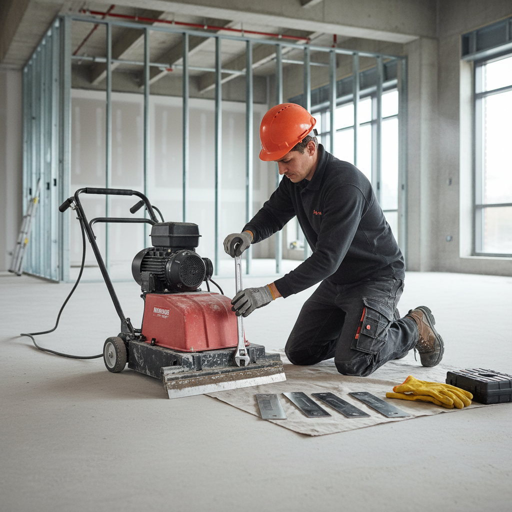 Technician changing a heavy duty floor scraper blade on a jobsite