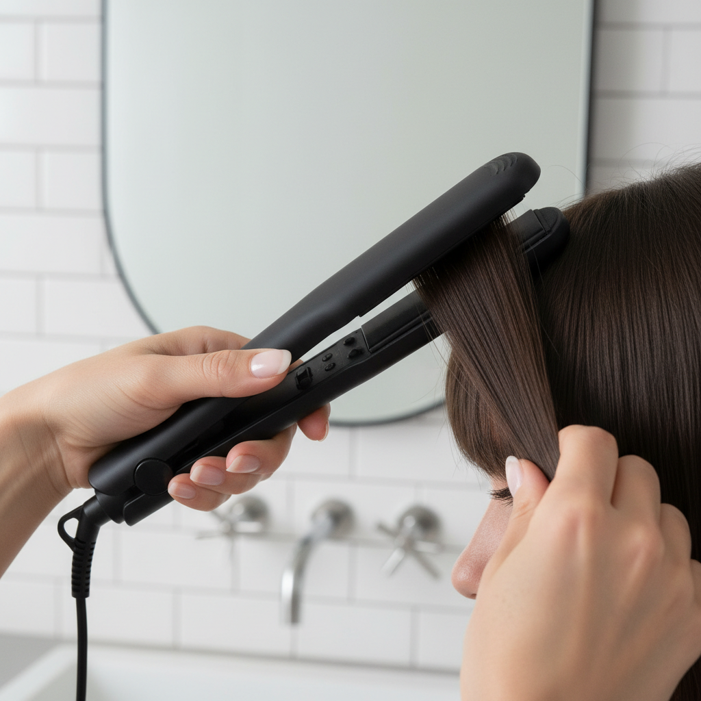 Using a mini travel hair straightener to smooth bangs and curve ends naturally