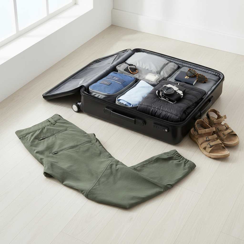 Convertible quick dry travel pants on a carry-on packing layout