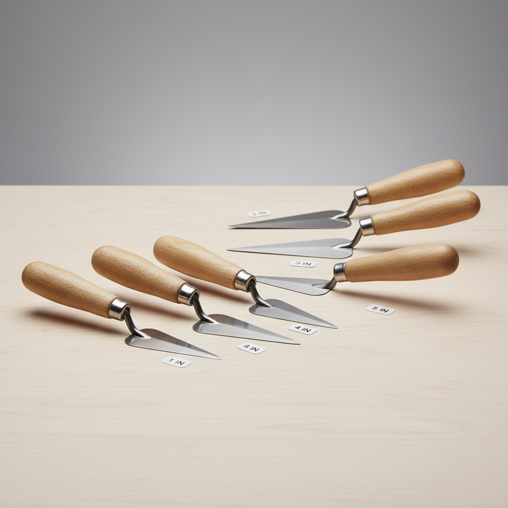 Different small pointing trowel blade sizes compared on a workbench