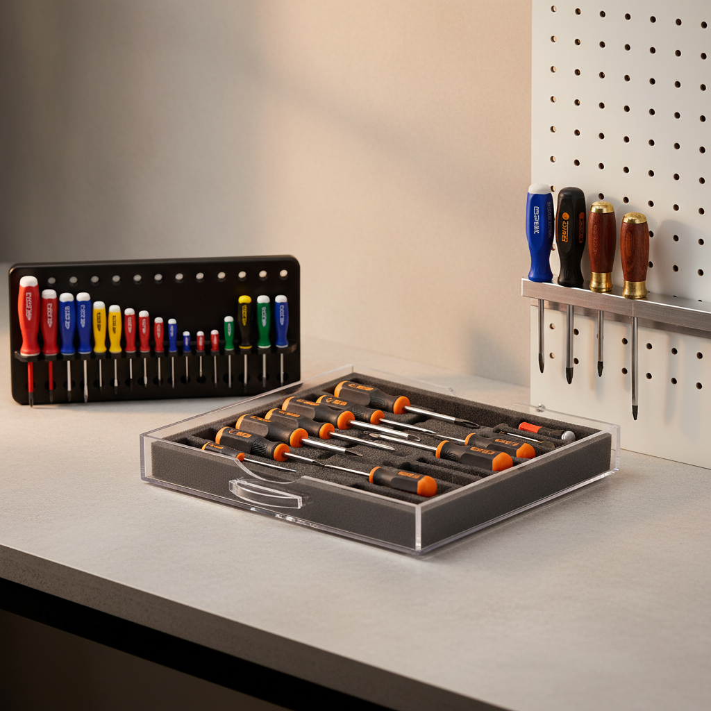Different screwdriver organizer rack styles including wall rack, drawer tray, and magnetic strip