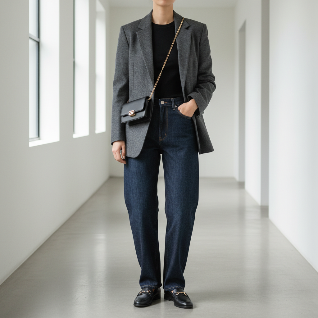 Smart casual outfit with baggy jeans blazer and loafers for a modern look