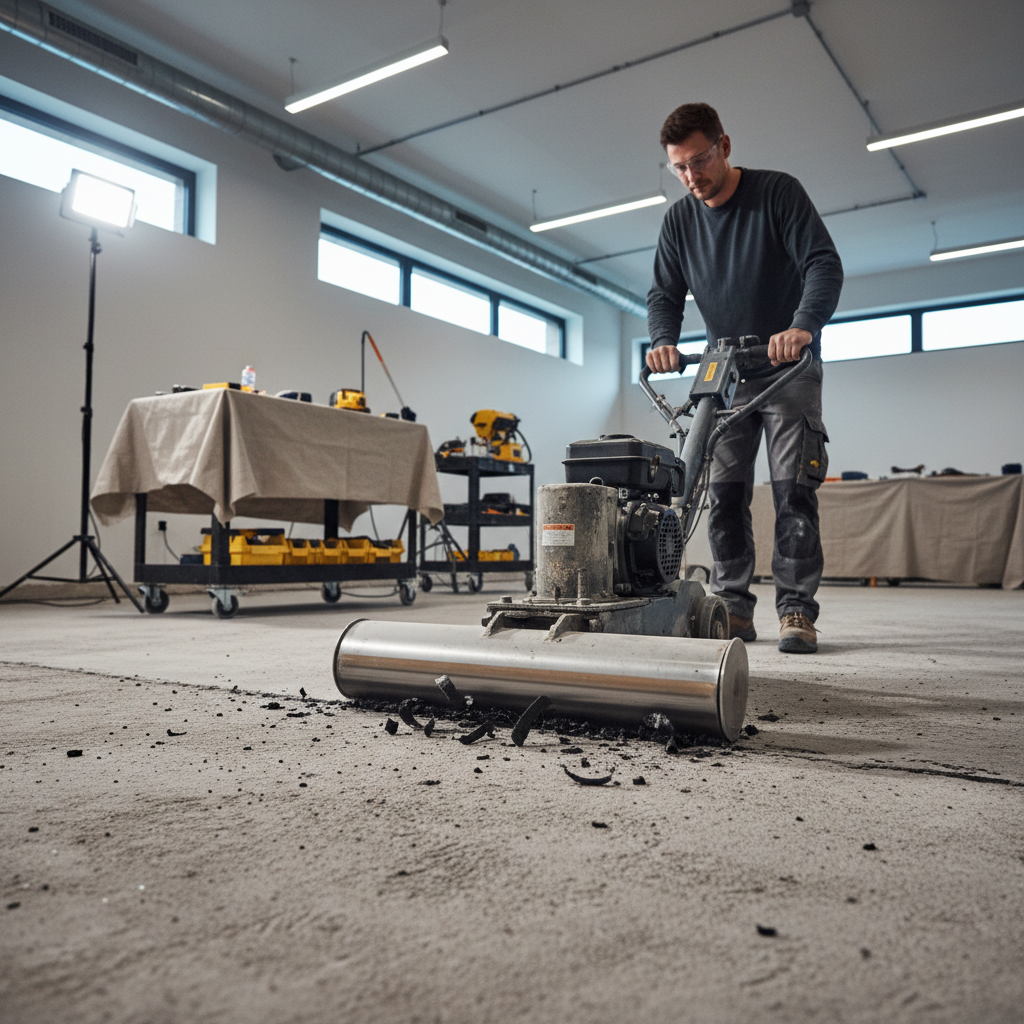 Heavy duty floor scraper removing adhesive from concrete slab