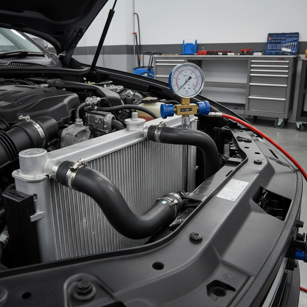 Cooling system leak check showing radiator hoses and pressure gauge reading