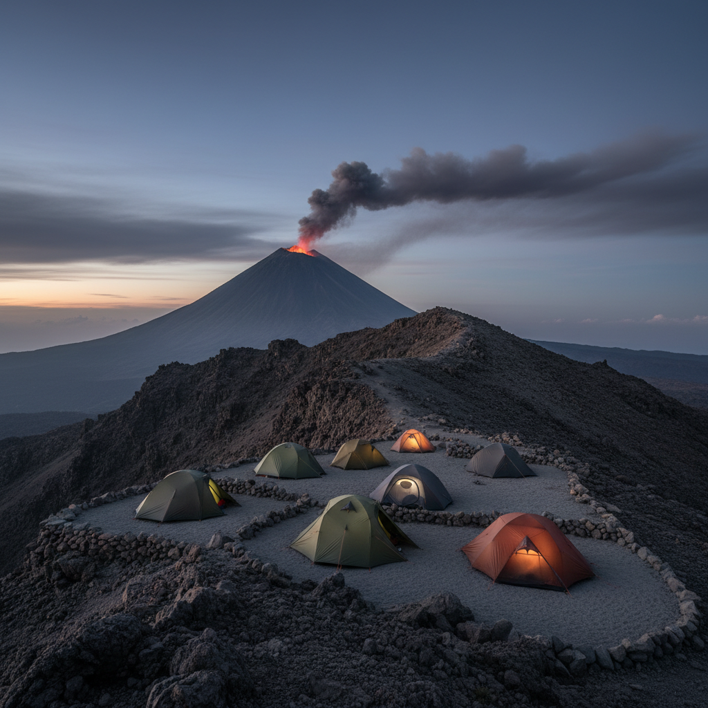 Volcano campsite viewpoint with glowing lava in the distance