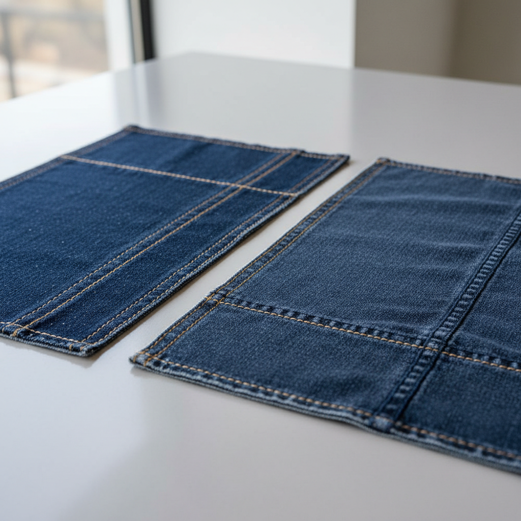 Close-up of denim fabric showing organic cotton and recycled fiber texture with stitching