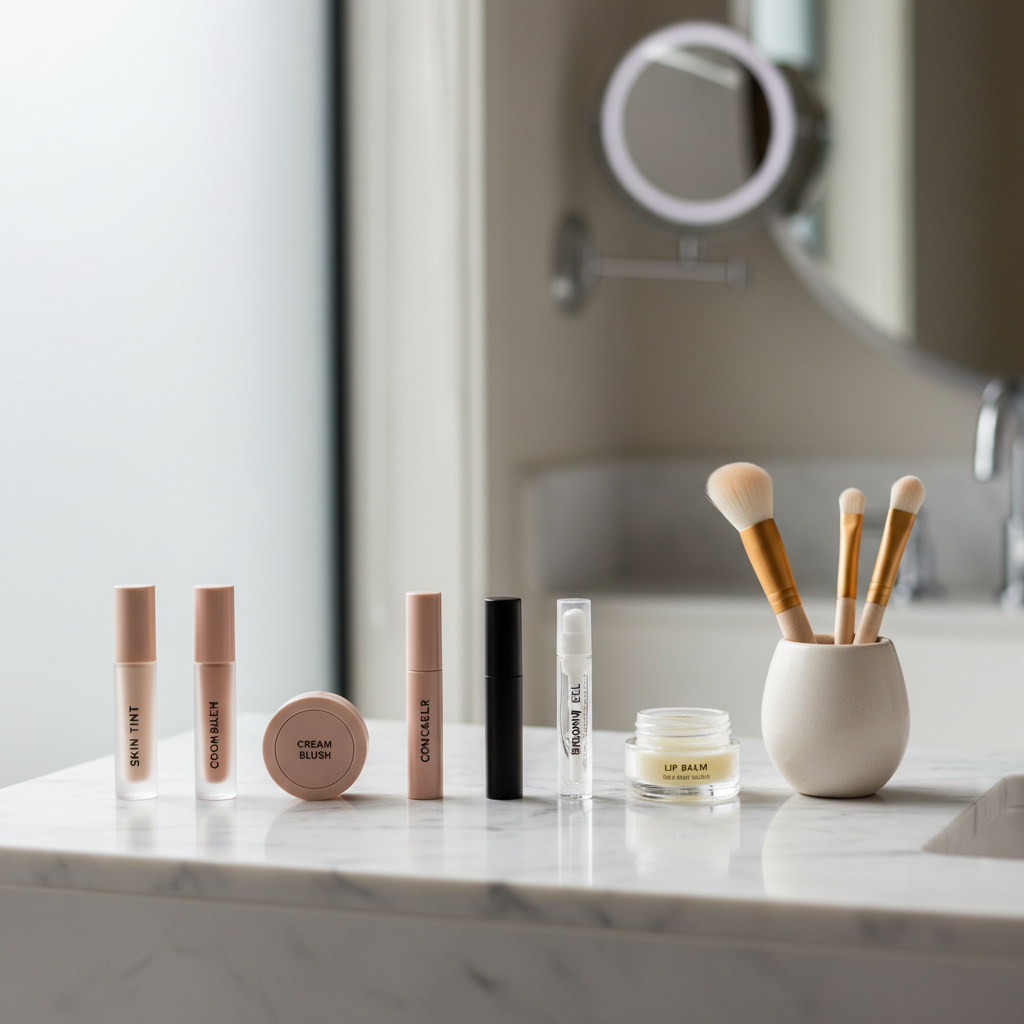 Minimal travel makeup routine with multi-use products on a bathroom counter