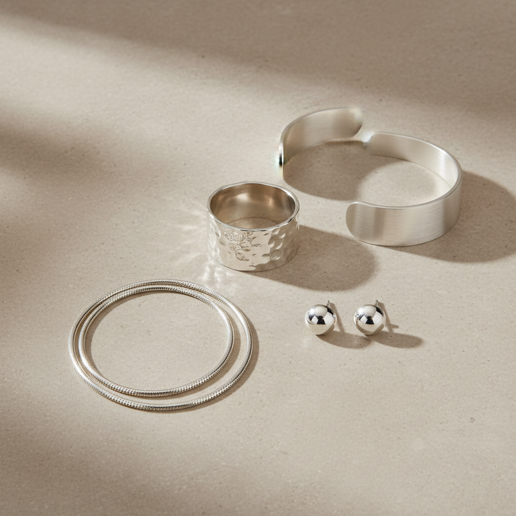 Flat lay of modern sterling silver jewelry textures like hammered and brushed finishes