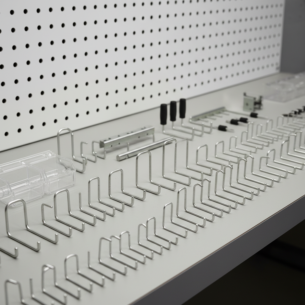 Close-up of different pegboard hook types including J-hooks, double hooks, and angled holders