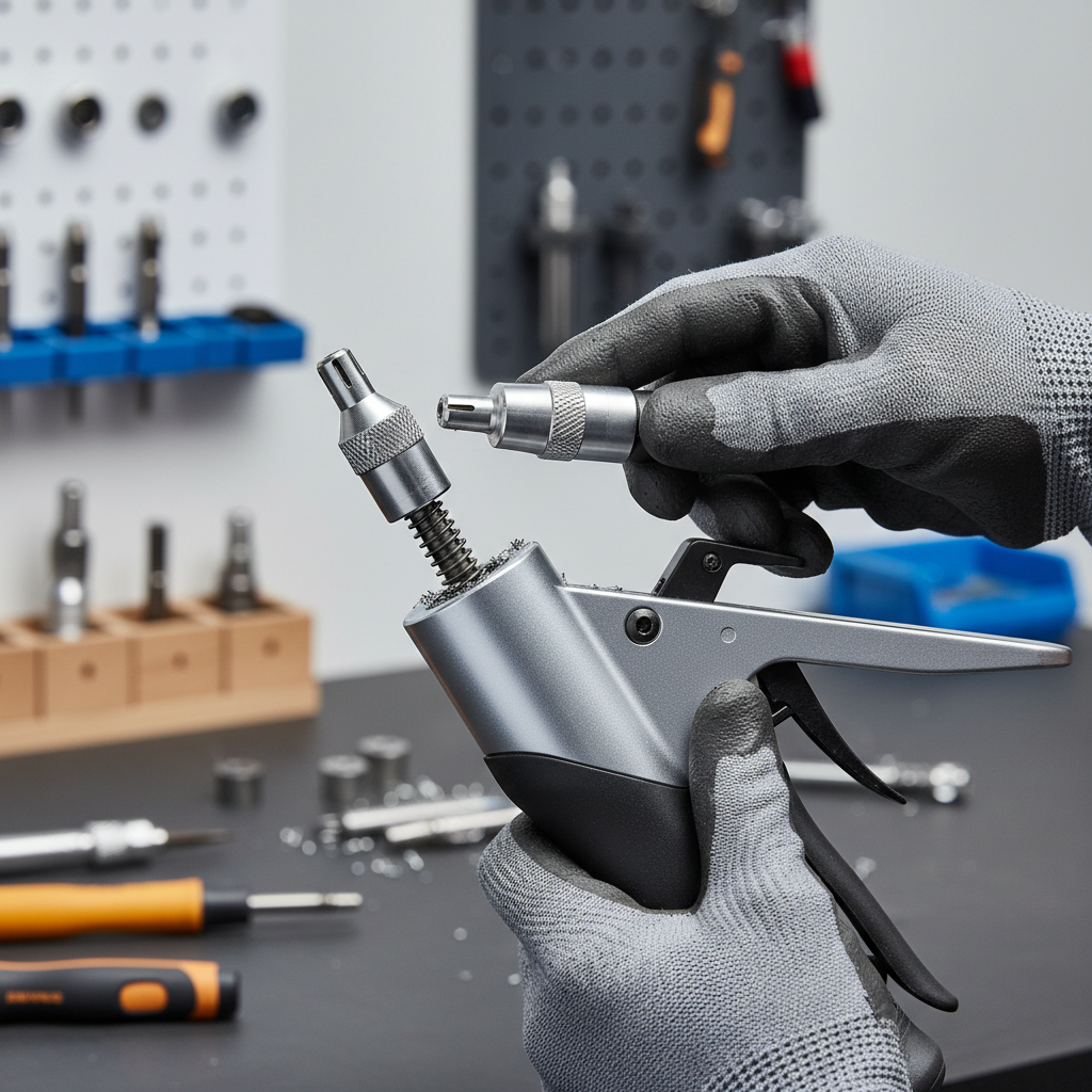Close-up of changing a nose piece on a pop rivet tool