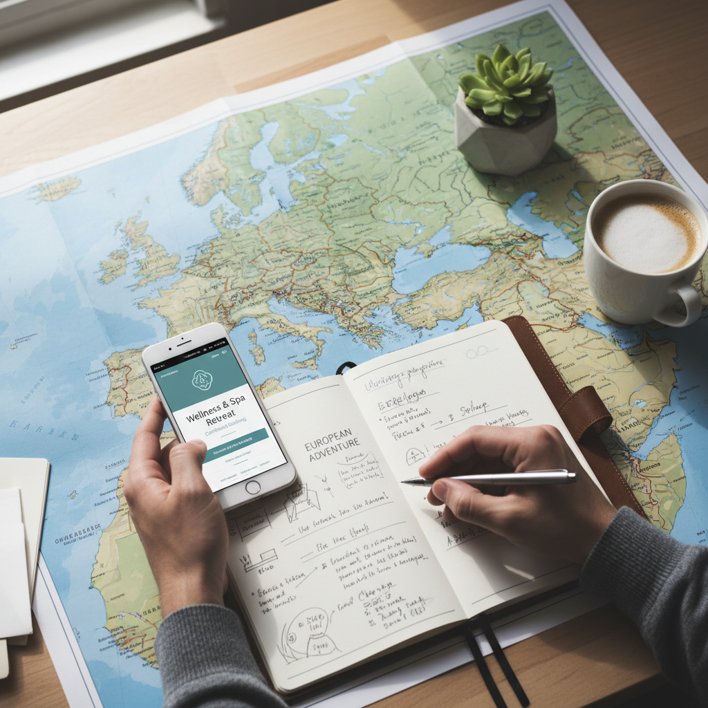 Traveler planning a European thermal spa route on a map and phone