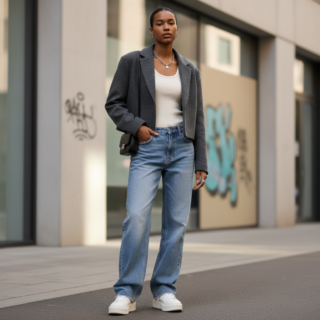 Modern street style outfit with baggy jeans and fitted top