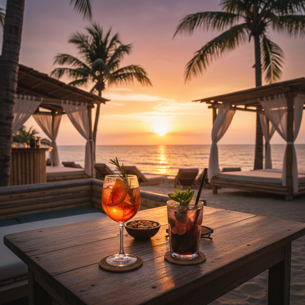 Sunset drinks at a relaxed beach bar with ocean view
