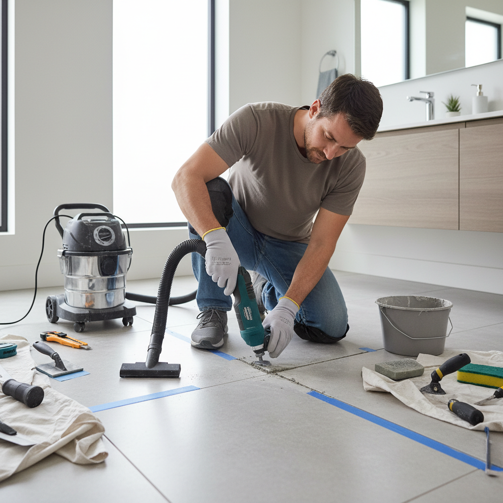 Hand removing grout with small tool and vacuuming dust before regrouting
