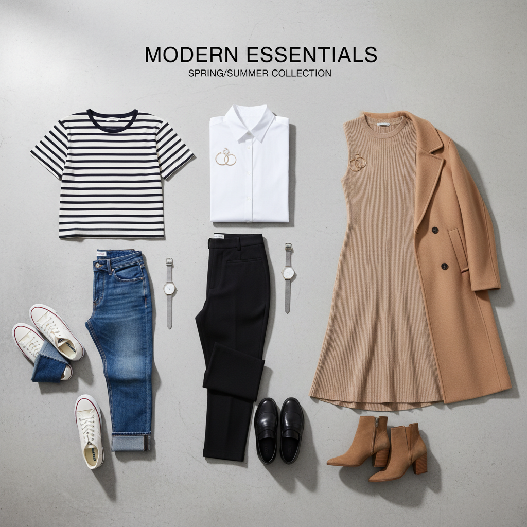 Outfit formulas showing neutral shoes with jeans, trousers, and dresses