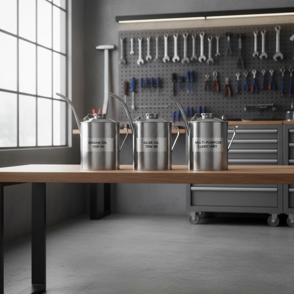 Organized workshop setup with labeled oil cans and metal spouts
