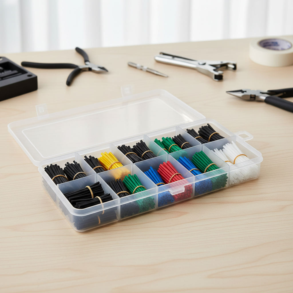 Heat shrink tubing assortment kit pieces organized by size and color