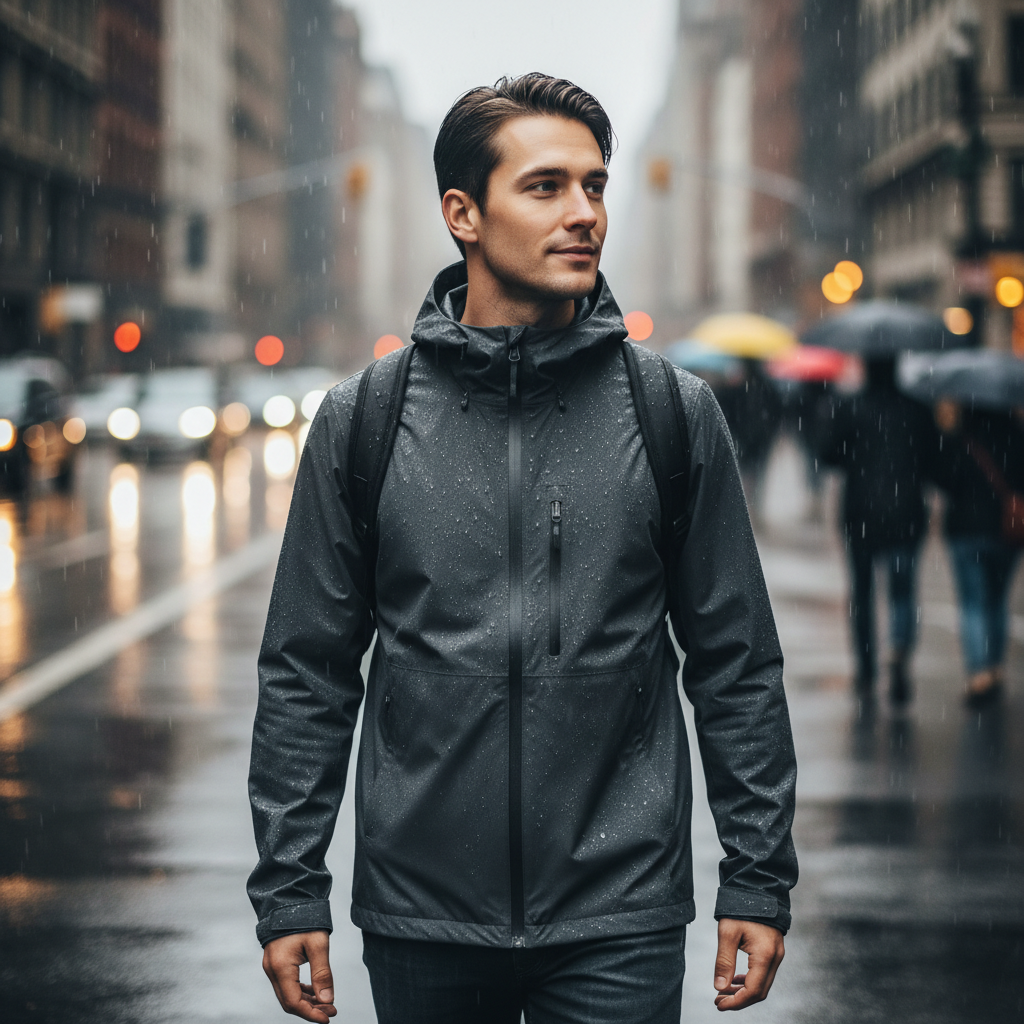 Traveler wearing a waterproof wind travel jacket in rainy city street