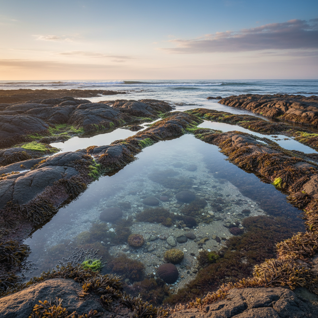 Tide pools exposed at low tide on a rocky beach