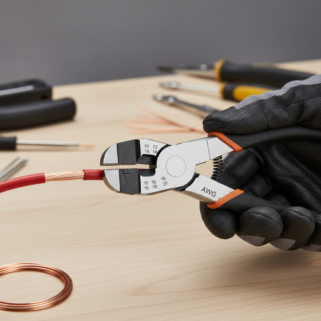 Wire cutter and stripper tool cutting and stripping copper wire on a workbench