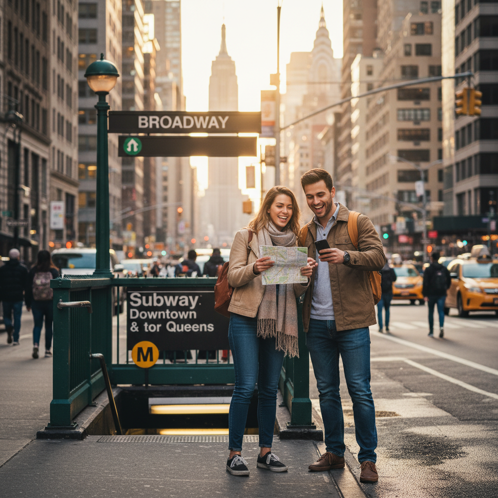 Tourists orienting in a big city with skyline, street signs, and transit entrance