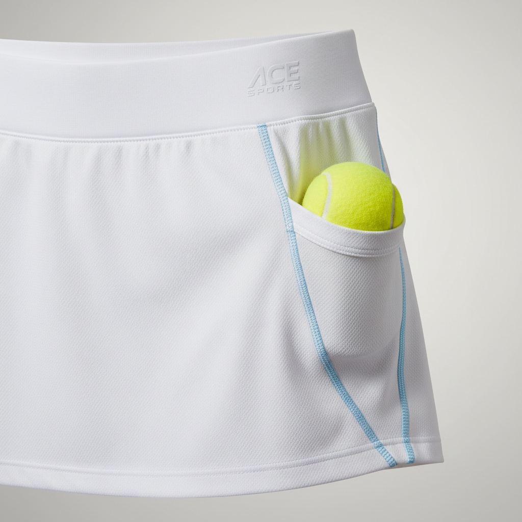Close-up of tennis skort waistband fabric and pocket construction