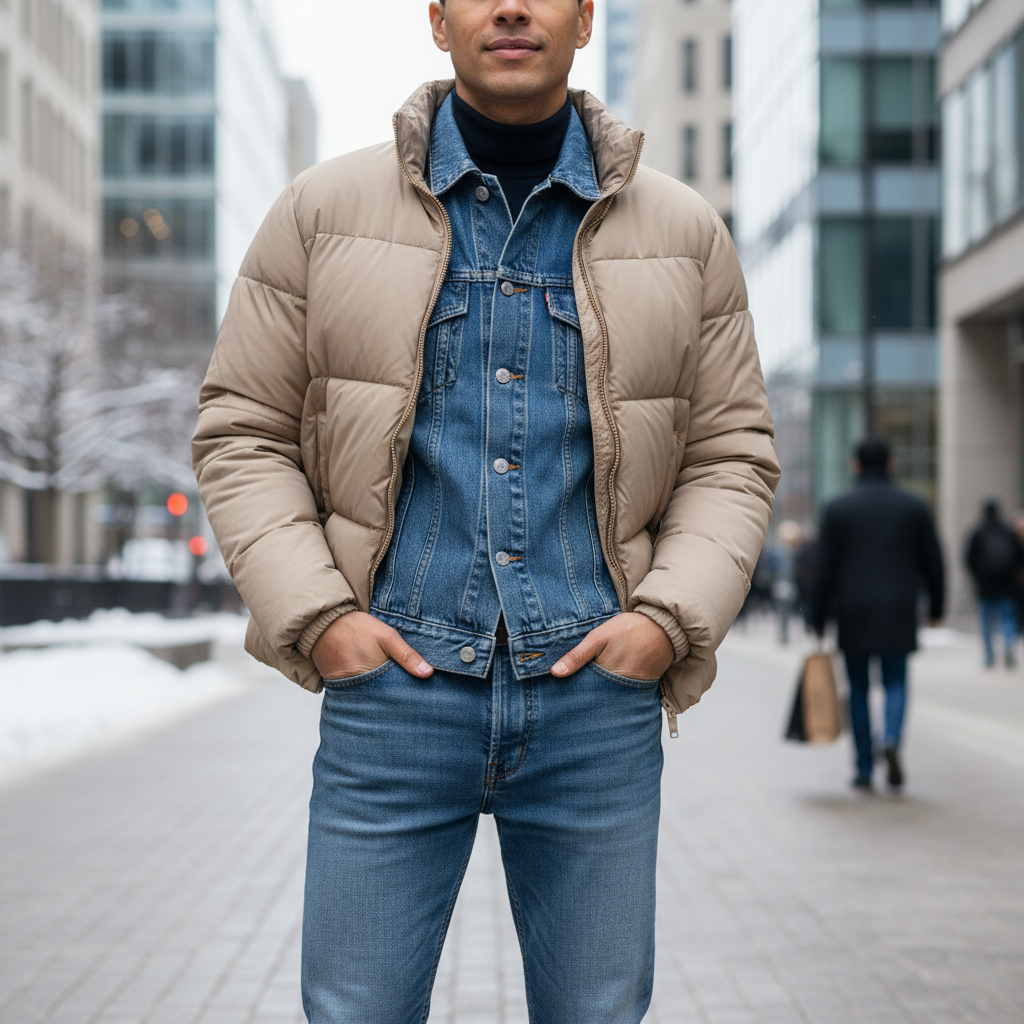 Neutral puffer jacket styled with denim-on-denim winter outfit