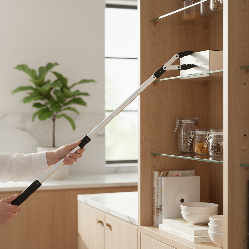 Foldable long reach grabber tool picking up items from a high shelf